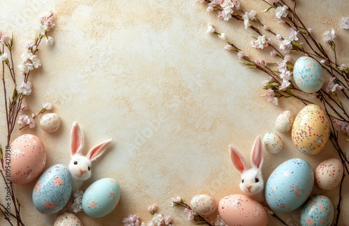 Colorful Easter eggs and rabbits surrounded by blooming branches on a soft ba...