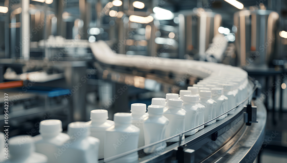Obraz premium modern conveyor production line with a large number of translucent plastic liter bottles filled with white milk inside and with a white lid, bottles are moving along the conveyor