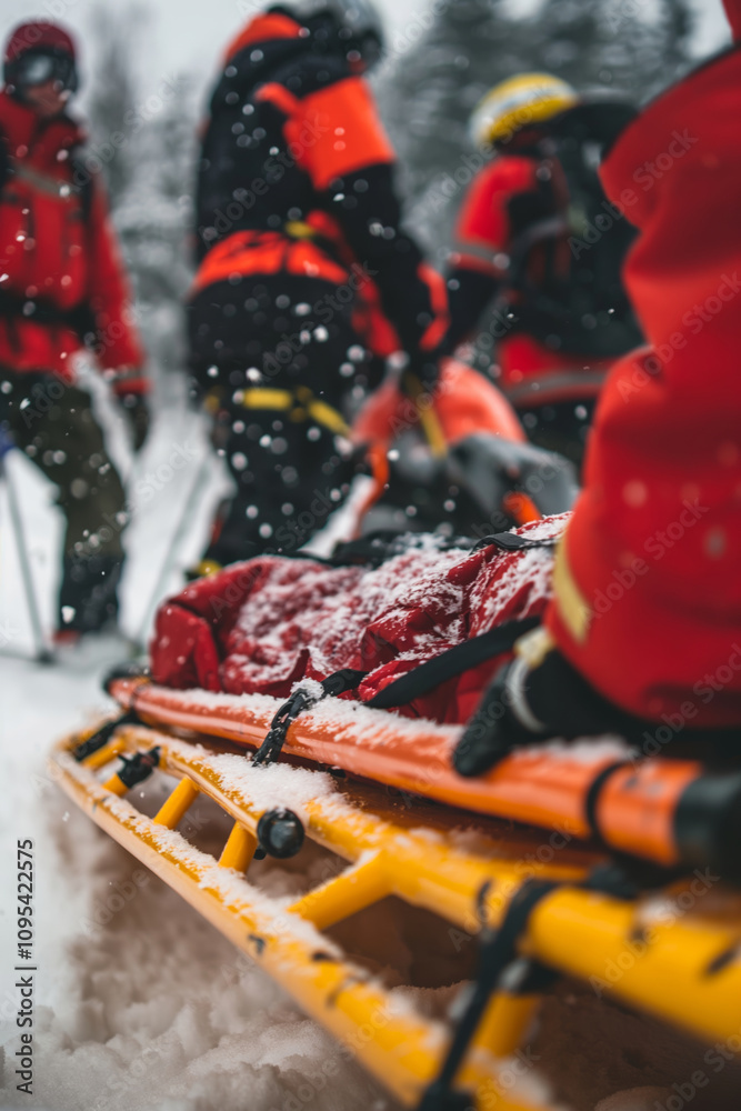 Accident in the mountains. A group of mountain rescuers in the snowy mountain landscape. Mountain search and rescue team and man on a toboggan or emergency rescue sled. Accident in the mountains. A group of mountain rescuers in the snowy mountain landscape. Mountain search and rescue team and man on a toboggan or emergency rescue sled.