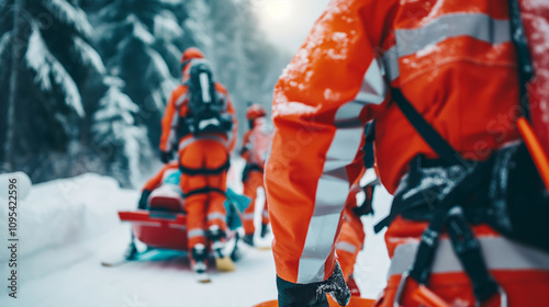 Accident in the mountains. A group of mountain rescuers in the snowy mountain landscape. Mountain search and rescue team and man on a toboggan or emergency rescue sled.