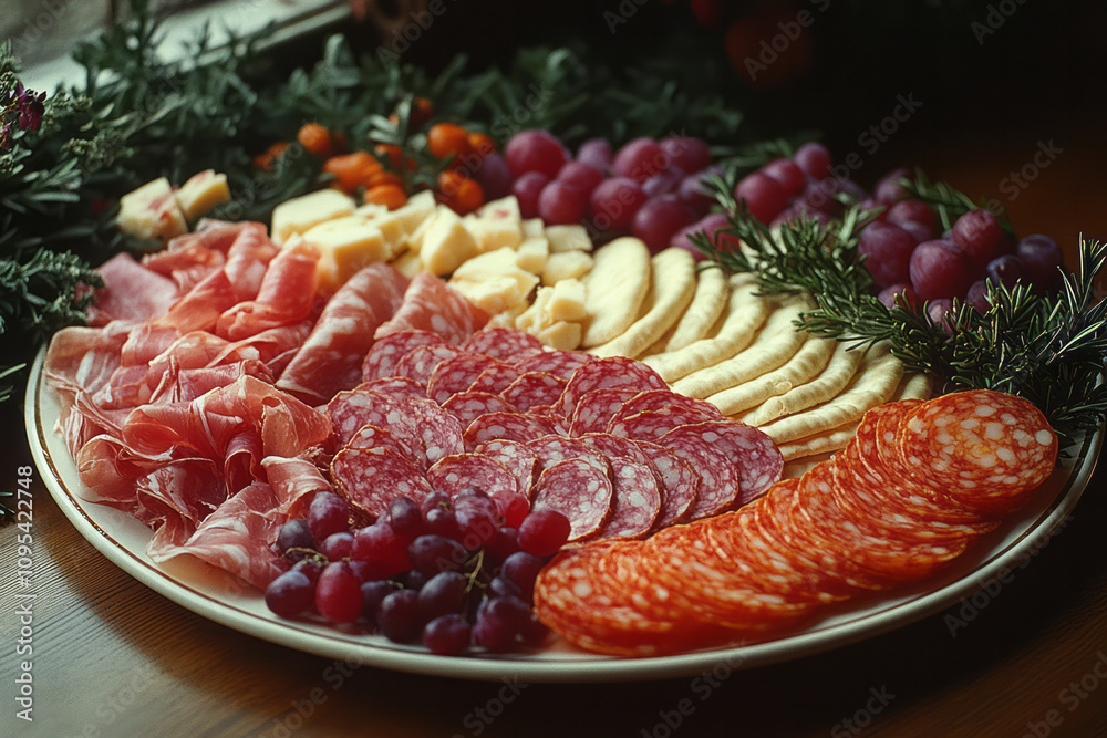 An elegant charcuterie plate featuring thinly sliced cured meats, cheeses, and crackers, neatly arranged on a soft lavender surface, An elegant charcuterie plate featuring thinly sliced cured meats, cheeses, and crackers, neatly arranged on a soft lavender surface,