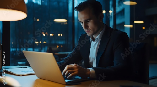 Focused businessman working late on laptop in office.