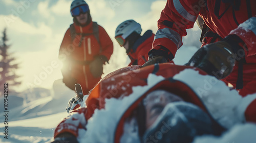 Accident in the mountains. A group of mountain rescuers in the snowy mountain landscape. Mountain search and rescue team and man on a toboggan or emergency rescue sled.