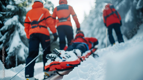 Accident in the mountains. A group of mountain rescuers in the snowy mountain landscape. Mountain search and rescue team and man on a toboggan or emergency rescue sled.
