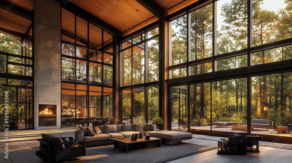 A large open plan living area with lots of windows looking out to a wooded area A large open plan living area with lots of windows looking out to a wooded area