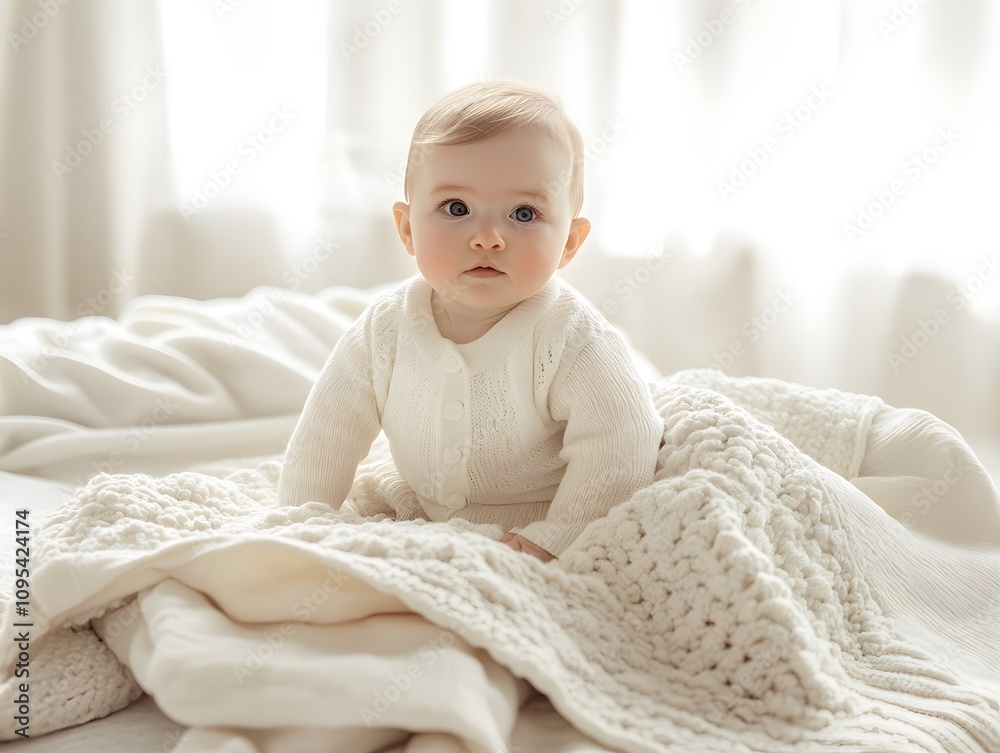 A baby in a white outfit sitting on top of blankets A baby in a white outfit sitting on top of blankets
