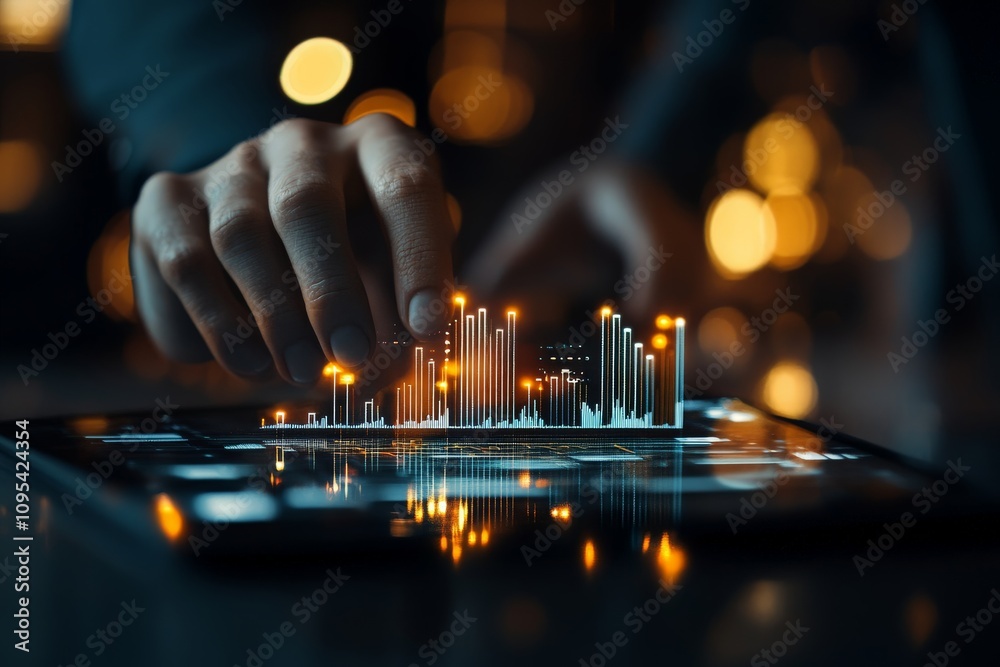 A person is seen engaging with virtual data visualizations, showcasing interactive and immersive elements, indicative of future tech advancements. A person is seen engaging with virtual data visualizations, showcasing interactive and immersive elements, indicative of future tech advancements.