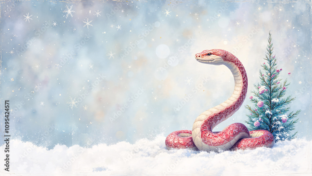 Obraz premium Snake a symbol of the year: Beautiful winter scene with a pink and white snake coiled around a snow-covered pine tree, symbolizing the Year of the Snake during the holiday season 