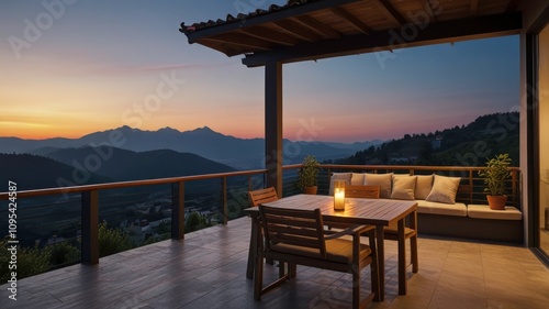 Here's a possible and keyword list for your stock photo.. Tranquil sunset view from a mountaintop deck with wooden furniture.