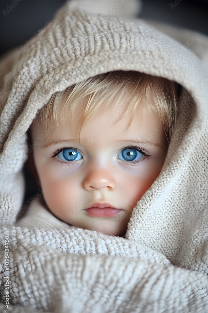 A baby with blue eyes peeking out from under a blanket A baby with blue eyes peeking out from under a blanket