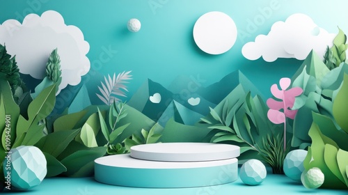 Product banner, podium platform with geometric shapes and nature background