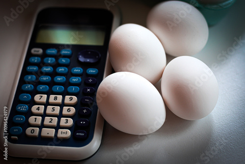 close-up of eggs on the table next to a calculator backdrop for cost of groceries shortage market financial consumer budget theme photo