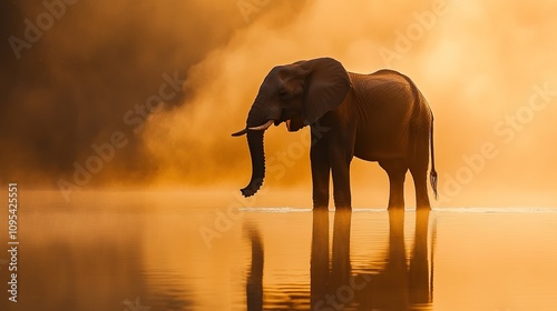 A large elephant stands in a shallow river photo