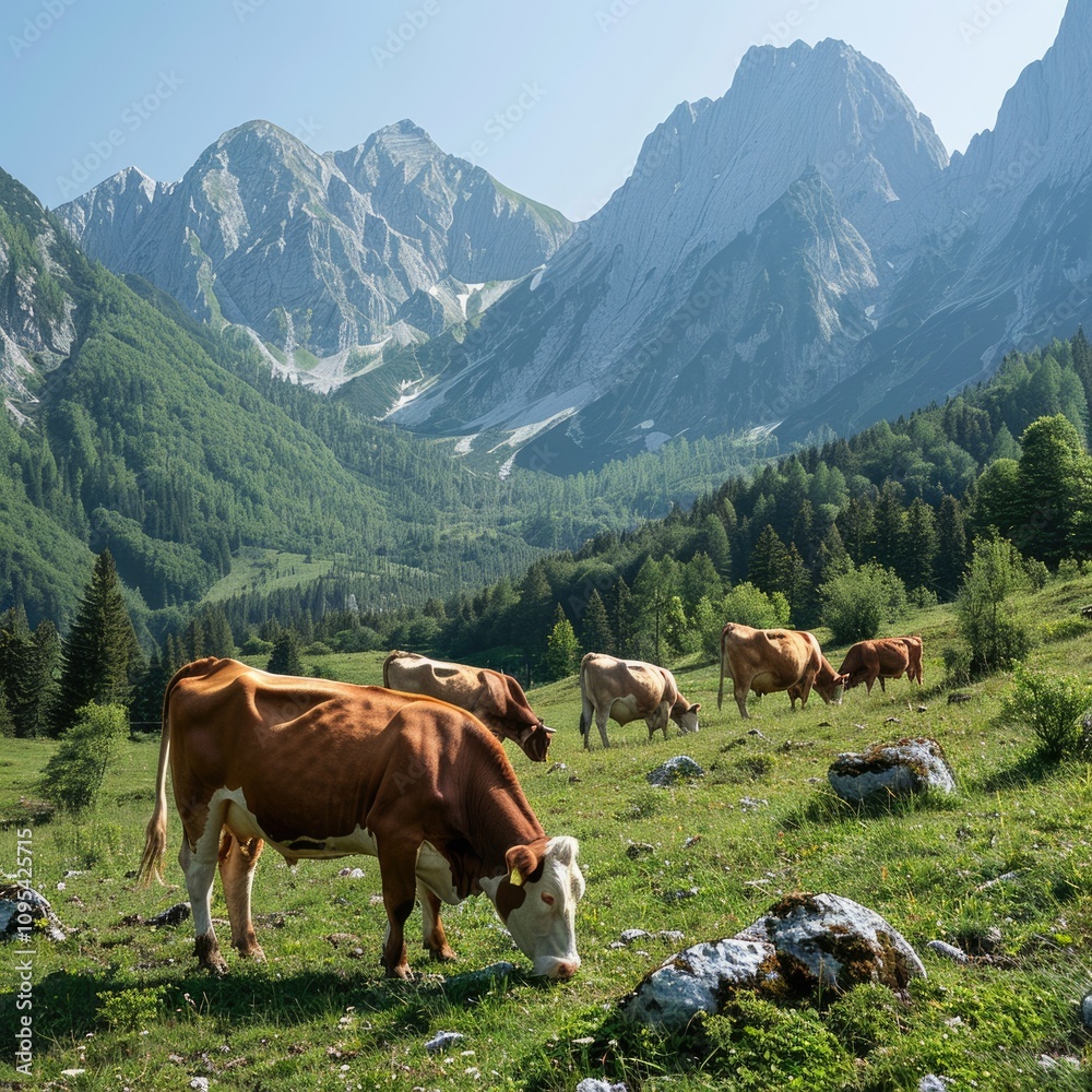 Cows grazing in mountainous area on sunny day. Cows grazing in mountainous area on sunny day.