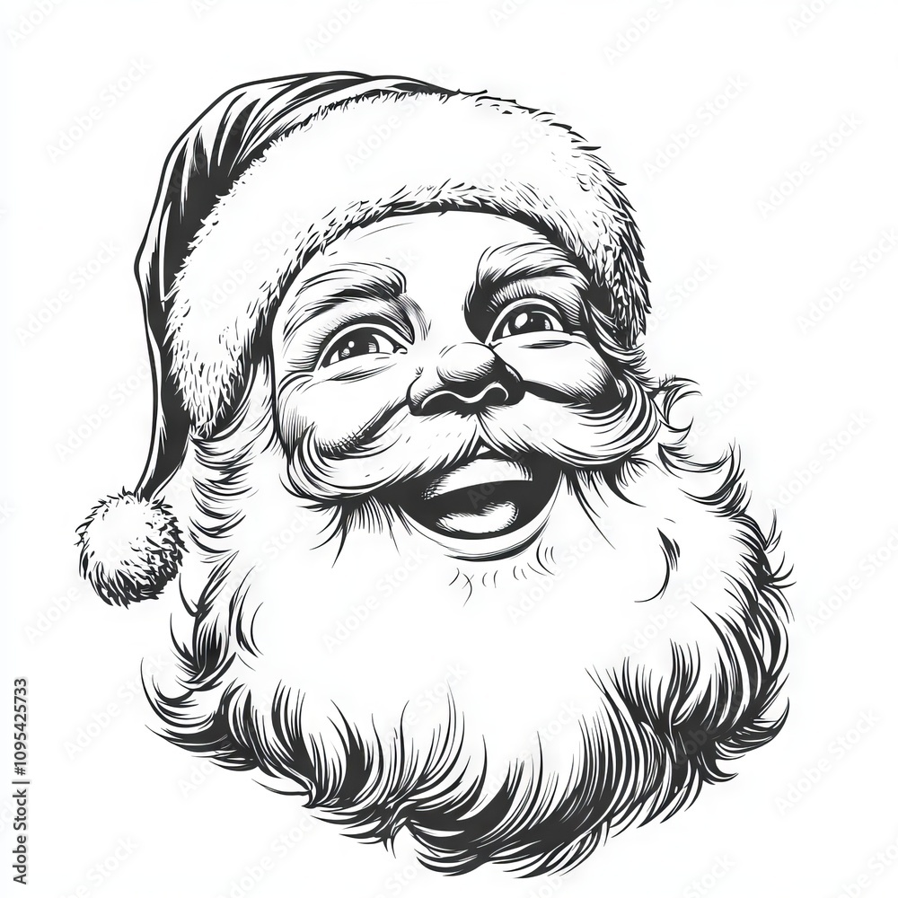 vector comic style sketch of Santa Claus happy face, rough black outlines on white background  