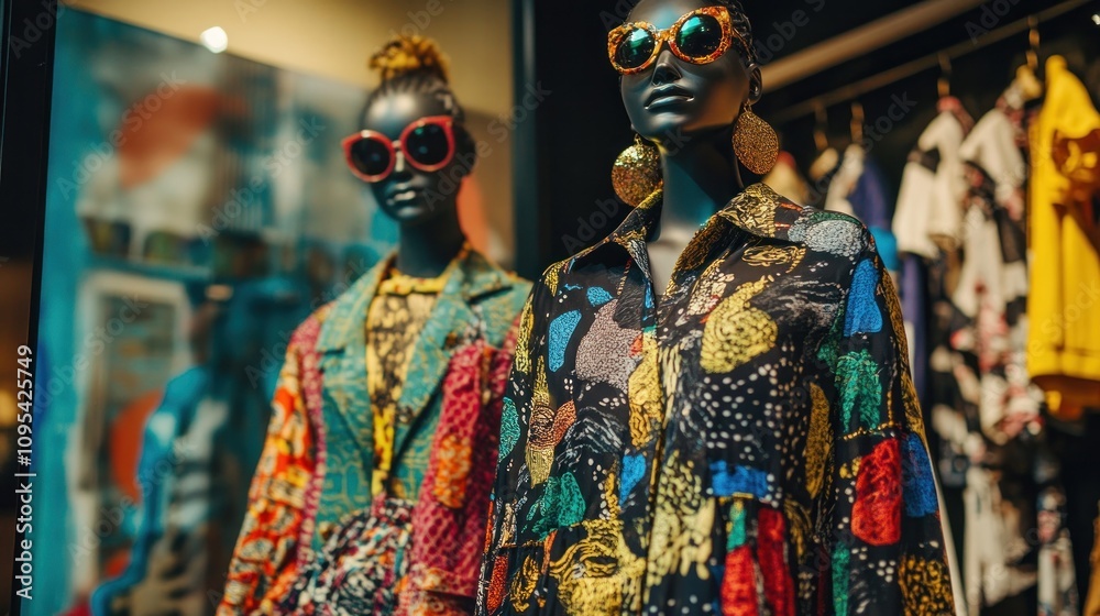 Vibrant Fashion Display: Mannequins in Bold, Colorful Outfits Vibrant Fashion Display: Mannequins in Bold, Colorful Outfits