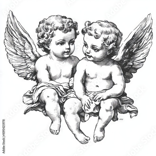 vector comic style sketch of two cherubs rough black outlines on white background  