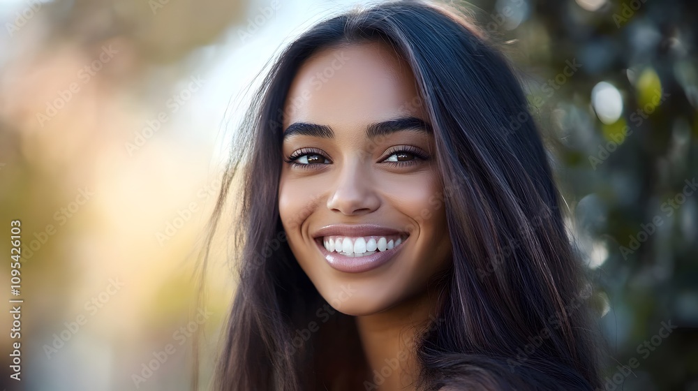 A confident young woman smiles gently showing her nature A confident young woman smiles gently showing her nature