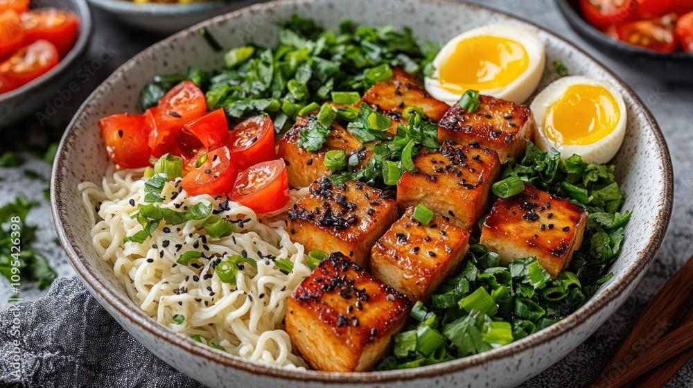 Vegan ramen bowl with tofu, egg, spinach, and tomatoes. Vegan ramen bowl with tofu, egg, spinach, and tomatoes.