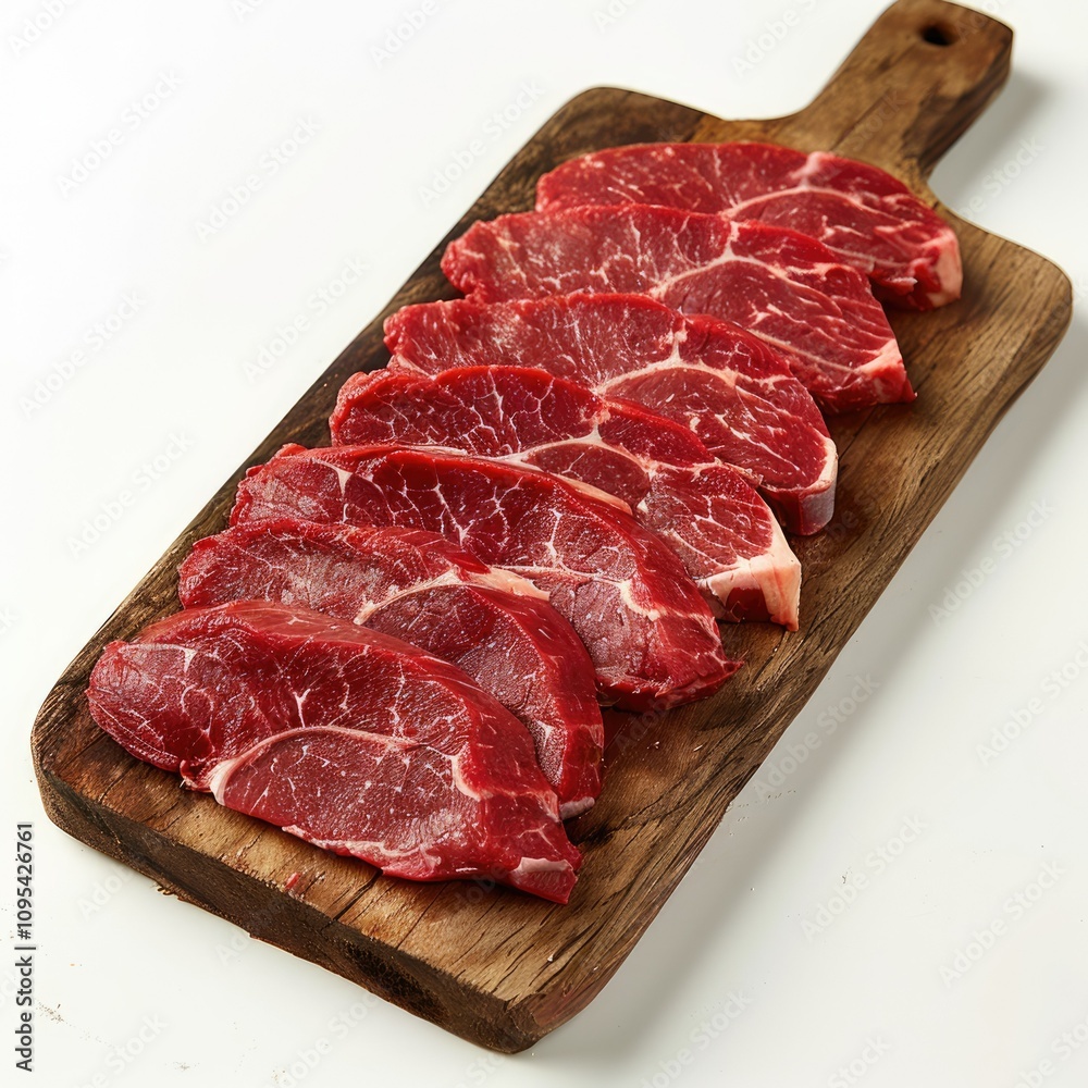 fresh raw beef meat steak slices on wooden cut board isolated over white background