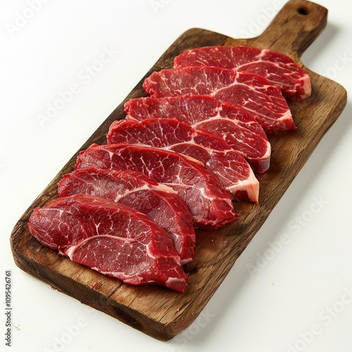fresh raw beef meat steak slices on wooden cut board isolated over white background