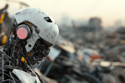 A detailed depiction of a weathered and worn robot amidst a junkyard, highlighting themes of decay, time, and the intersection of humanity and artificiality.
