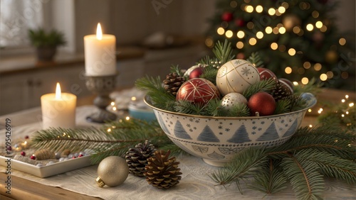 Festive candlelit christmas decor with ornaments and pinecones on table photo