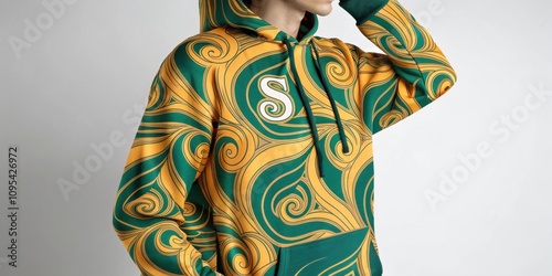 Abstract S Print Hoodie A vibrant oversized hoodie with a swirling abstract s pattern in shades of green and gold draped casually on a mannequin against a plain background. photo