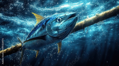 Underwater yellowfin tuna near a log.