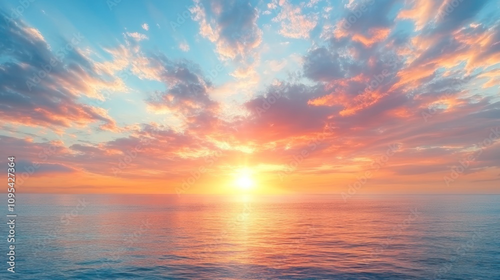 Naklejka premium Vibrant sunset over calm ocean.