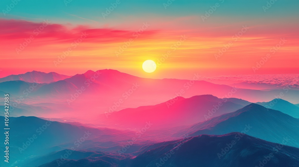 Fototapeta premium Vibrant sunset over misty mountain range.
