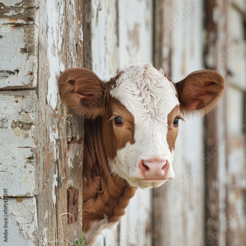 Innocent calf peeping out from the cottage  a picture of serenity.