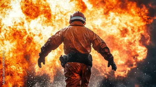 Dramatic moment firefighter clad in a flame-resistant suit, signaling alarm near a ruptured pipeline, intense flames visible, emphasizing imminent danger photo