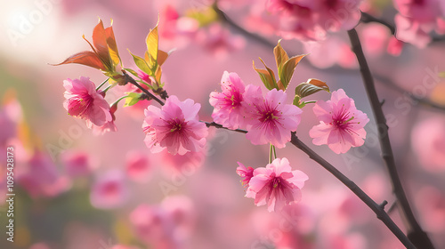 Sakura flowers blooming in springtime, himalayan cherry blossom tree twig. Blossoming Sakura Trees. Illustration