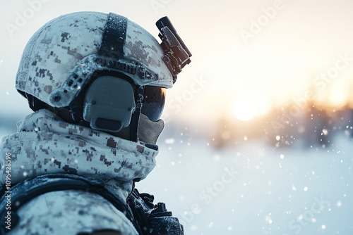 A soldier clad in snow gear, gazing across a winter landscape as the sun sets, symbolizing duty, resilience, and the peaceful solitude of a cold environment. photo