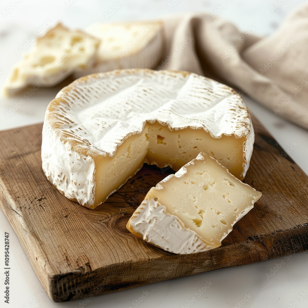 Soft white bloomy rind cheese wheel on a wooden cutting board Soft white bloomy rind cheese wheel on a wooden cutting board