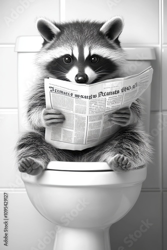Raccoon reading newspaper on toilet	 photo