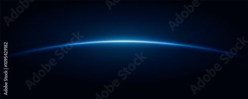 Blue neon light lines curve on dark background, Abstract pattern, Circle border laser design. Horizontal sun rays at edge world in space. Glowing flashes  stripes, Sparks moving speed lines.