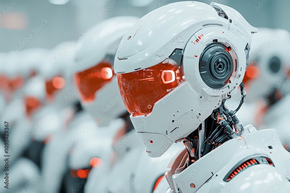 A sleek row of futuristic white robots lined up, each adorned with red visors, showcasing advanced technology and innovation in robotic design and engineering. A sleek row of futuristic white robots lined up, each adorned with red visors, showcasing advanced technology and innovation in robotic design and engineering.