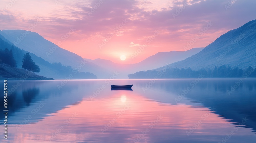 Sunrise over a calm lake with mountains a small boat on the water. Sunrise over a calm lake with mountains a small boat on the water.