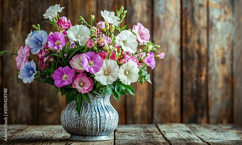 Wallpaper Mural A Charming Bouquet of Colorful Flowers in a Vintage Vase Against a Rustic Wooden Background for Elegant Home Decor and Floral Arrangements Torontodigital.ca