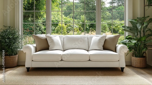 White sofa in sunlit room with garden view. photo