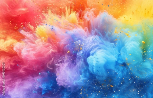 AI Generated explosion of colorful Powder with Vibrant Shades of Blue, Pink, Yellow, and Purple on a Dark Background.