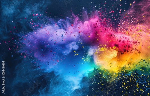 AI Generated Energy Explosion of Colorful Powder with Vibrant Shades of Blue, Pink, Yellow, and Purple on a Dark Background.