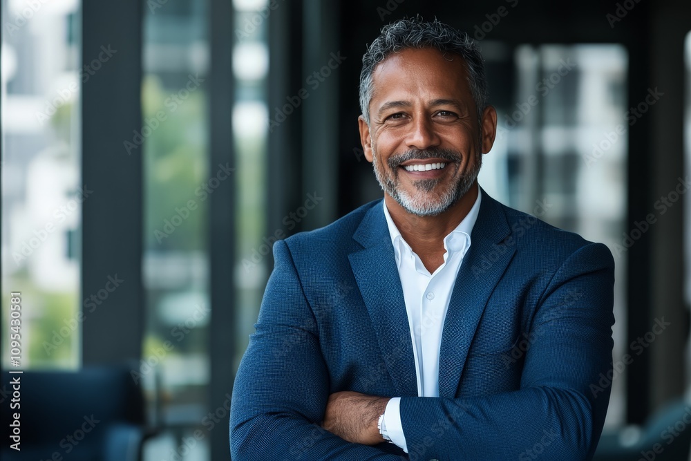 A mature man with a confident smile in a sleek suit stands inside a contemporary office, embodying the essence of professionalism and success. A mature man with a confident smile in a sleek suit stands inside a contemporary office, embodying the essence of professionalism and success.