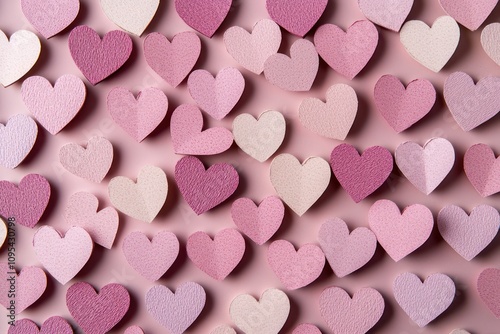 A sweet Valentinea??s display of tiny paper cut hearts in a spectrum of pinks, densely packed on a blush background.