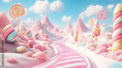 Lollylops sweet lansdcape background. Candyland scene for game or presentation design. Holiday, birthday concept.