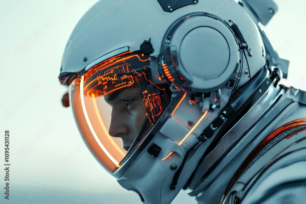 Fototapeta premium An astronaut's profile is captured, highlighting a futuristic helmet featuring intricate, illuminated circuitry. The setting evokes themes of exploration and advanced technology.