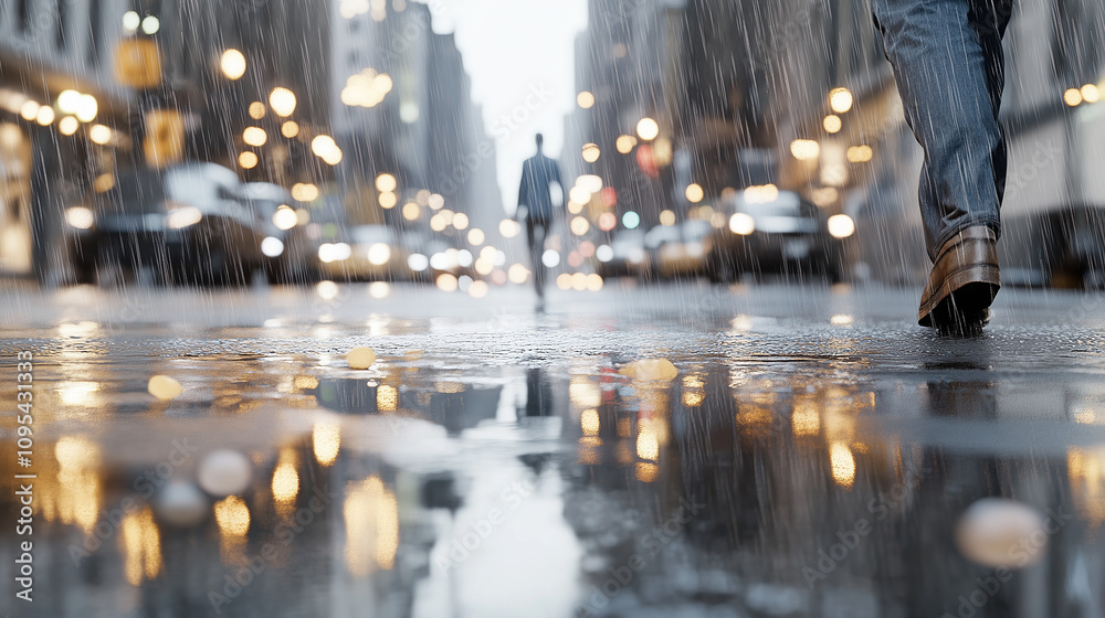 Rainy city street with reflections, glowing lights and pedestrians walking to work on a blue Monday Rainy city street with reflections, glowing lights and pedestrians walking to work on a blue Monday
