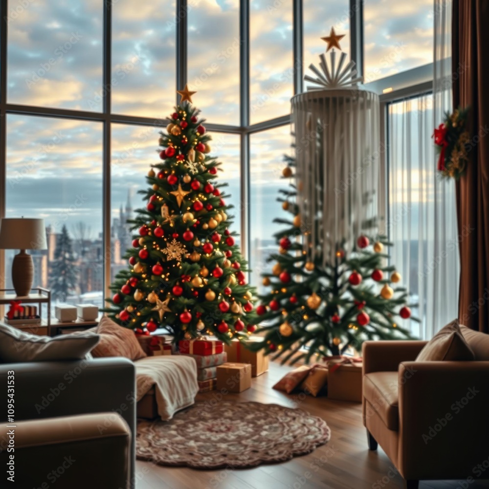 Christmas tree decorated with red and gold ornaments standing in a cozy living room christmas tree holiday winter festive celebration Christmas tree decorated with red and gold ornaments standing in a cozy living room christmas tree holiday winter festive celebration
